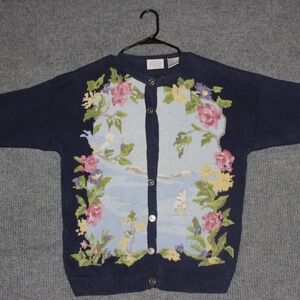 Northern Treasures Cardigan Sweater Womens L Navy Blue Floral Scene Button Front